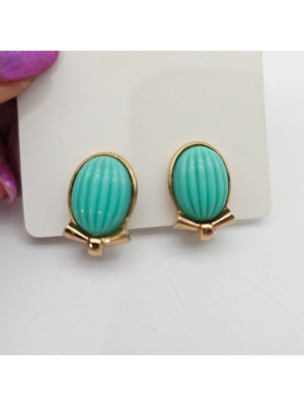 Trifari Gold-Tone Clip-On Earrings With Ribbed Oval Turquoise Cabochons 1"